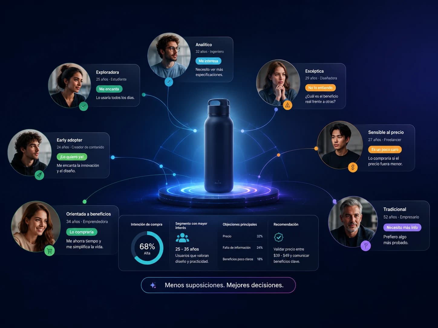 Agentes de IA evaluando y cuestionando ideas de producto sobre una ciudad holográfica