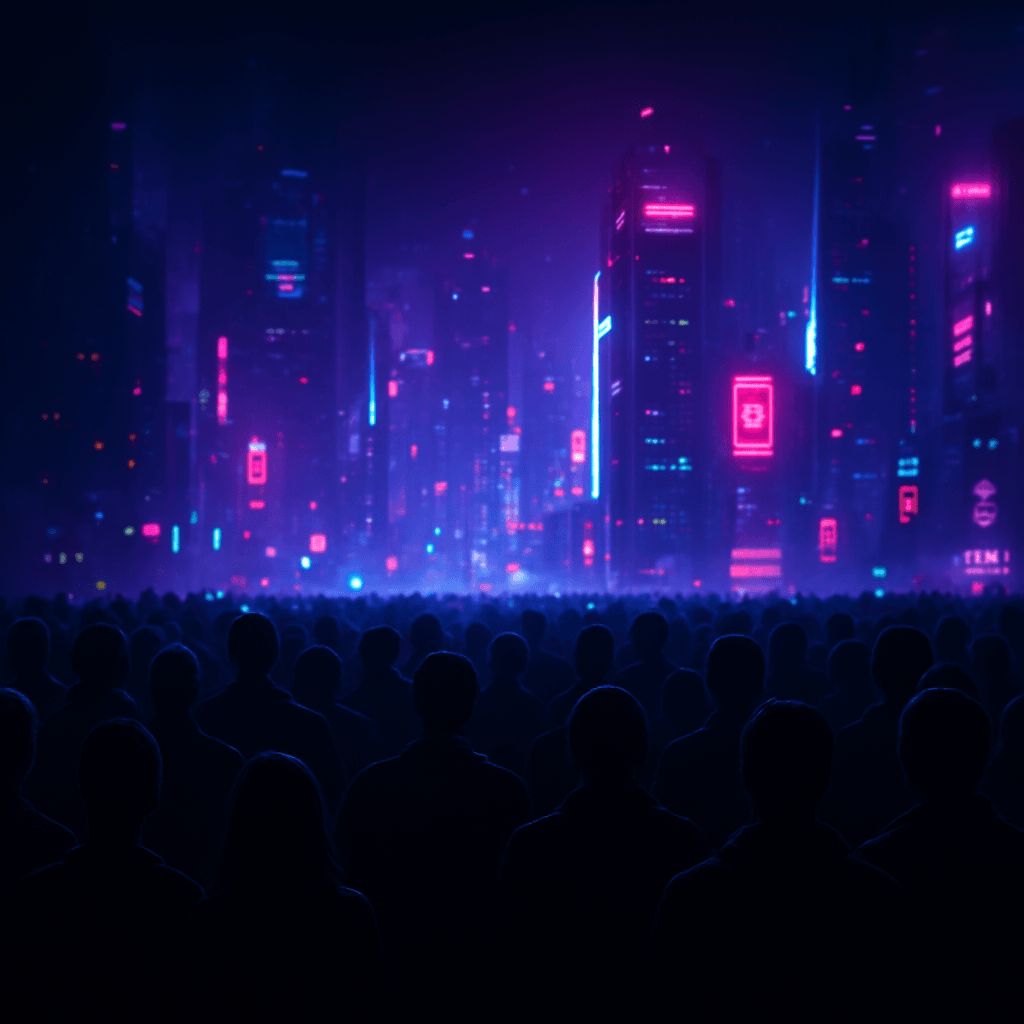Público asistiendo al análisis de una propuesta frente a una gran pantalla en una ciudad futurista